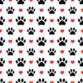 Pet prints. Paw seamless pattern. Cute background for pets, dog or cat. Foot puppy. Black silhouette shape paw. Footprint pet. Ani Royalty Free Stock Photo