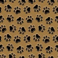 Pet prints. Paw seamless pattern. Gold background for pets, dog or cat. Foot puppy. Shape paw. Footprint pet. Animal track paw. Tr