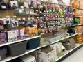 Pet products on shelves for sale at grocery store Royalty Free Stock Photo