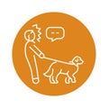 Pet pulls the leash color line icon. Dog training.