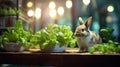Pet rabbit eating lettuce with hydroponic growing syste
