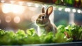 Pet rabbit eating lettuce with hydroponic growing syste