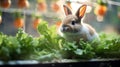 Pet rabbit eating lettuce with hydroponic growing syste