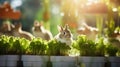 Pet rabbit eating lettuce with hydroponic growing syste