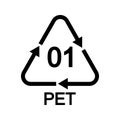 01 PET recycling sign in triangular shape with arrows. Polyethylene terephthalate reusable icon isolated on white