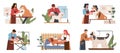 Pet services. Groomers with different breeds dogs, animals haircut workers, bathing and blow drying scenes, professional Royalty Free Stock Photo