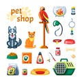 Pet set shop. Accessories for pets colored parrot, cat, dog, fish, wand with a portable container, a leash with a collar