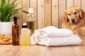 pet shampoo, towel and brush on a wooden table Royalty Free Stock Photo