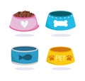 Pet shop, animal domestic cartoon food in bowls for dog and cat