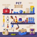 Pet Shop Banner, Cat and Dog Accessories and Care Products on Shelves Cartoon Vector Illustration Royalty Free Stock Photo