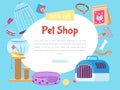 Pet shop banner template. Veterinary store advertisement, sale zoo tools ad poster. Dogs cats accessories, shopping