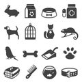 Pet shop bold black silhouette icons set isolated on white. Animal companions care products. Royalty Free Stock Photo