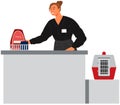 Woman at animal goods store or veterinary clinic reception. Pet shop cashier standing at checkout