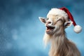 Goat in Santa Hat, Banner for Veterinary Clinic. Pet Shop Christmas banner, on blue background, copy space