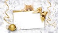 Pet shop Christmas blank gift card ticket with ginger cat and shiny golden bow and balls, background with bright ribbons on bokeh