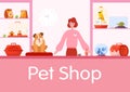 Pet shop counter interior with female worker seller.