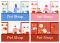 Pet shop counter interior with male and female worker seller.