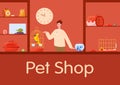 Pet shop counter interior with male worker seller.