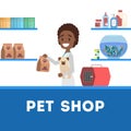 Pet shop counter interior with a worker