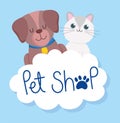 Pet shop, cute little dog and cat cloud paw veterinary clinic food Royalty Free Stock Photo