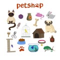 Pet shop decorative icons set with canary, fish, chameleon, rabbit, dog and cat icons and goods for pets cartoon