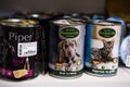 Pet shop. Dog and cat Flavor Canned Food Products On Animals Supermarket Shelf. Kropivnitskiy, Ukraine, July 28, 2020