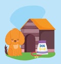 Pet shop, dog sitting with collar food and house animal domestic cartoon