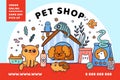 Pet shop. Domestic animals care products. Internet banner design. Hotline poster. Different accessories or toys. Doodle