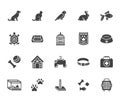 Pet shop flat glyph icons set. Dog carrier, cat scratcher, bird cage, rabbit, fish aquarium, pets paw, collar vector