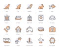 Pet shop flat line icons set. Dog carrier, cat scratcher, bird cage, rabbit, fish aquarium, pets paw, collar vector Royalty Free Stock Photo