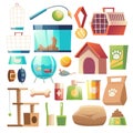 Pet shop food and accessories zoo supermarket set Royalty Free Stock Photo