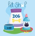 Pet shop, food package bowl medicine bottle and collar animal domestic cartoon Royalty Free Stock Photo