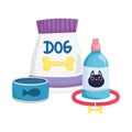 Pet shop, food package bowl medicine bottle and collar animal domestic cartoon Royalty Free Stock Photo