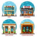 Pet shop and furniture store, post office, gym