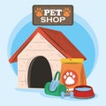 pet shop, house bowl with water food and bags