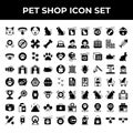 Pet shop icon set include cat, collar, dog, medal, bone, food, achievement, paw, love, memo, house, mouse, goldfish, cage, trophy