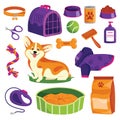 Pet shop icons set. Dog goods vector cartoon illustration. Animal food, toys, care and other stuff