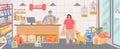 Pet shop inside interior with cashier and customer with dog. Animal food, accessory and toys in store. Cartoon zoo Royalty Free Stock Photo