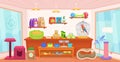 Pet shop interior. Cartoon room indoor zoo store, pets shopping inside or domestic animal house, small petshop home