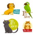 Pet shop labels emblems set isolated on white, cartoon vector illustration Royalty Free Stock Photo