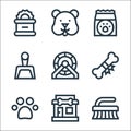 Pet shop line icons. linear set. quality vector line set such as brush, pet shop, pawprint, bone, hamster wheel, dustpan, cat food