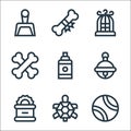 Pet shop line icons. linear set. quality vector line set such as tennis ball, turtle, canned food, jingle bell, shampoo, bones,