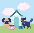 Pet shop, little dog and cat with bowls food and wooden houses animal domestic cartoon Royalty Free Stock Photo