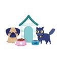 Pet shop, little dog and cat with bowls food and wooden houses animal domestic cartoon Royalty Free Stock Photo