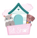 Pet shop, little dog hamster wooden house animal domestic cartoon