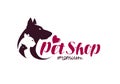 Pet shop logo. Animals cat, dog, parrot icon. Vector illustration