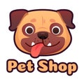 Pet shop logo design with pug face. Dog store selling goods and accessories for domestic animals, puppy head