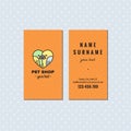 Pet shop orange vector business card. Cute multicolored logo with parrots.