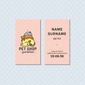 Pet shop pink vector business card. Cute multicolored logo with sleeping dog, cat and bunny. Royalty Free Stock Photo