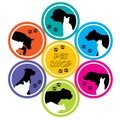 Pet shop poster with silhouettes of different dogs and cats in colored circles